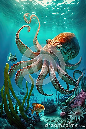 Close up of octopus swimming underwater, created using generative ai technology Stock Photo
