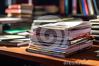 Close-up office desk with an organized stack of papers. Generative AI Stock Photo