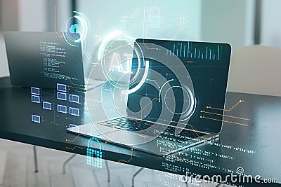 Close up of office desktop with laptop computer and glowing blurry ai hologram with binary coding on blurry background. Artificial Stock Photo
