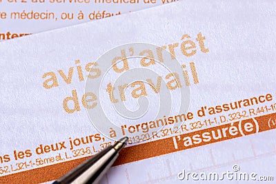 Close-up of an official sick leave form from the French social security Editorial Stock Photo