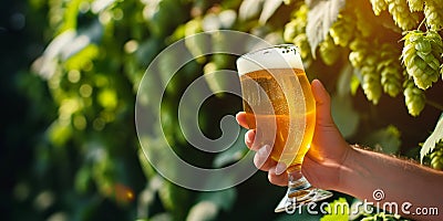 Close-up oh hand with glass of beer in green hops background Stock Photo