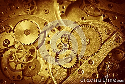 Close-up of old clock mechanism with gears Stock Photo