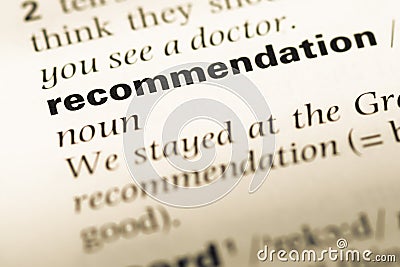 Close up of old English dictionary page with word recommendations Stock Photo