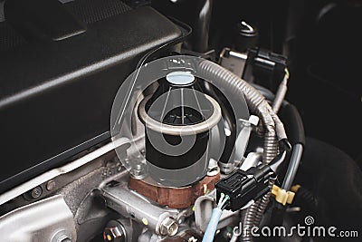 Close up of The old Exhaust gas recirculation in the engine compartment to reduce the carbon monoxide gas from the exhaust. Stock Photo