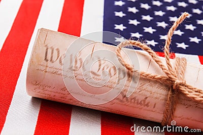 Close-up old historical document on the usa flag. Stock Photo