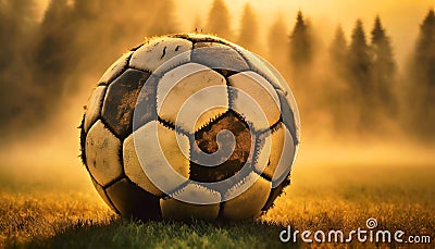 Old Leather Soccer Ball on a Meadow at Dawn - Generative Ai Stock Photo