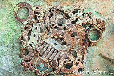 Old machine parts with rusty on concrete wall texture abstract for background Stock Photo