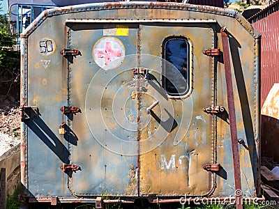 Old painted metal container door. Editorial Stock Photo