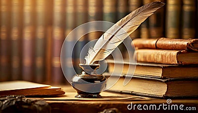 Old Quill Pen and Vintage Ink Well in an Ancient Library - Generative Ai Stock Photo