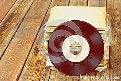 Close up of old record and records stack pic Stock Photo