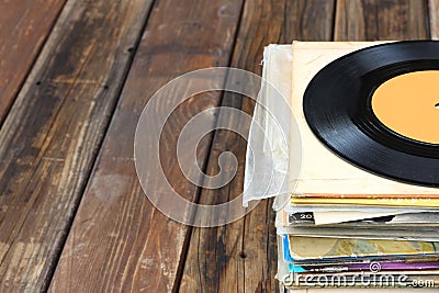 Close up of old record and records stack Stock Photo