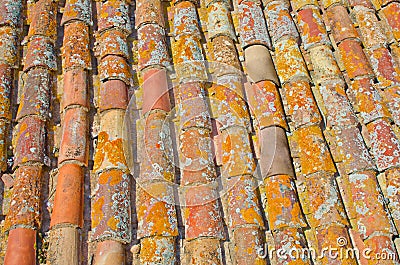 Close up of old rust red roof texture tile. Architecture background. Stock Photo
