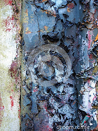 Close up of an old rusted peeling steel with layers of peeling blue and white paint Stock Photo