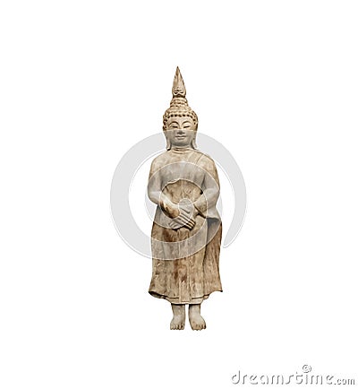 Old standing buddha image wood carving isolated on white background , clipping path Stock Photo