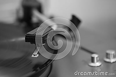 Close-up of a old stereo vinyl record player. The stylus over a vinyl record Stock Photo