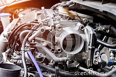 Close up old throttle Body of car in engine room Stock Photo