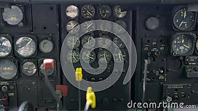 Close up of old vintage airplane cockpit Flight Deck control panel Stock Photo