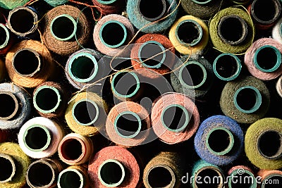 Close up old vintage thread multicolored for sewing machine Stock Photo