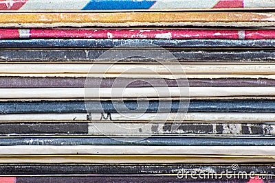 Close-up of old vinyl LP records stack Stock Photo