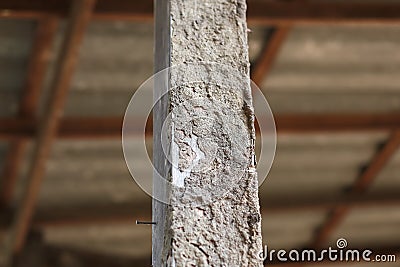 Close-up of old wooden house pillar There are traces of termites. The wooden pole looks dangerous. Should be protected from Stock Photo