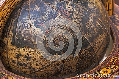 Close up of Old Wooden Mounted World Globe Stock Photo