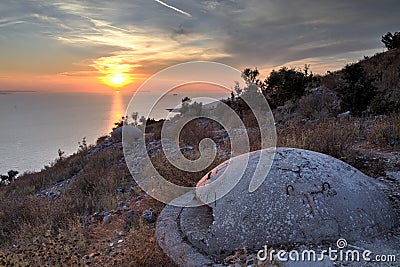 Close-up of one of the countless military concrete bunkers or dots in the southern Albania built during the communist government Stock Photo