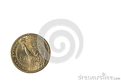 Close up of one dollar shaped coin featuring Statue of Liberty on front side. Stock Photo