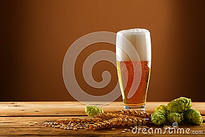 Close up beer glass, hops and barley over brown Stock Photo