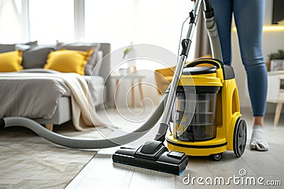 Close up one person cleaning the bedroom vacuum cleaner carpet housekeeping home flooring rug sweeping apartment hygiene Stock Photo