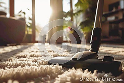 Close up one person cleaning the living room vacuum cleaner carpet housekeeping home flooring rug sweeping apartment Stock Photo