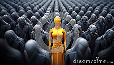 One Single Orange-Yellow Human Shape Among a Large Group of Black Ones - Generative Ai Stock Photo