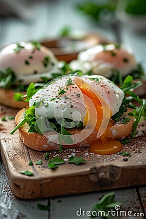 Close-up an oozing yolk of a poached egg, an Eggs Benedict recipe, presented alongside fresh greens on a toast Stock Photo