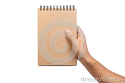 Close up of open brown blank notebook with ring loop binding. Empty wire-o brown notebook holding with two hand for business and Stock Photo