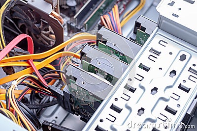 close up open desktop pc for hardware maintenance. hdd raid massive for data storage. dust cleaning for computer Stock Photo