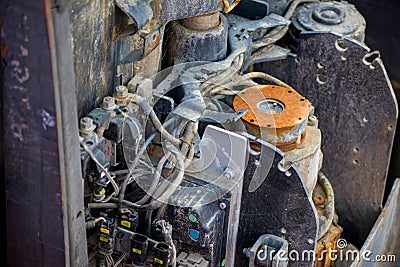 Close up open electric forklift. Corrosion build up on parts Stock Photo