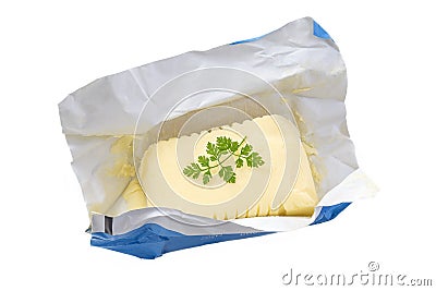 Close up of open pack of margarine or vegetarian butter on white background. Stock Photo