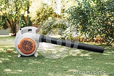 A close-up of an orange cordless, electric leaf blower lying on a grass. Autumn, fall gardening works in a backyard, on a lawn. Stock Photo