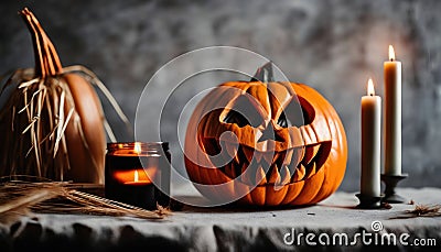 Close up of an orange scary carved pumpkin with candles Stock Photo