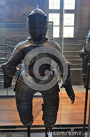 Close-up of original armor in the Army Museum of the Palace Les Invalides in Paris Editorial Stock Photo