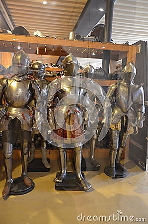 Close-up of original armor in the Army Museum of the Palace Les Invalides in Paris Editorial Stock Photo