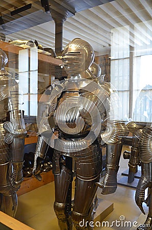 Close-up of original armor in the Army Museum of the Palace Les Invalides in Paris Editorial Stock Photo