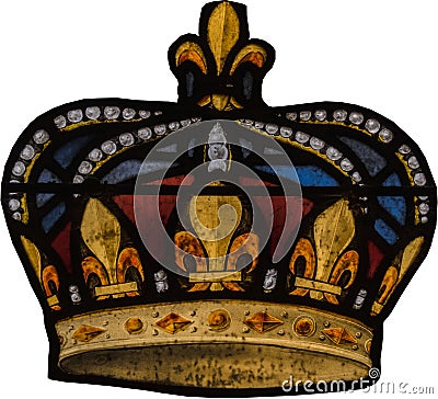 Close up of ornate crown decorated with gold fleur de lys in stained glass panel detail. Isolated on white, clipping Stock Photo