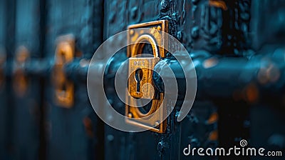 Close-up of an ornate golden lock on a dark blue wooden door with intricate carvings Stock Photo