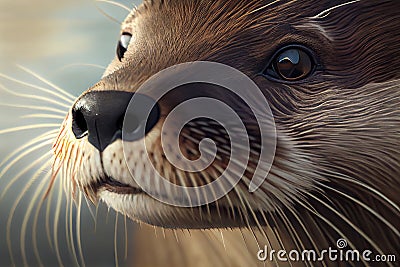 close-up of otter's whiskers and furry face, with its black eyes peering out Stock Photo