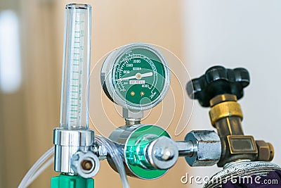 Close up oxygen cylinder in the hospital. Stock Photo
