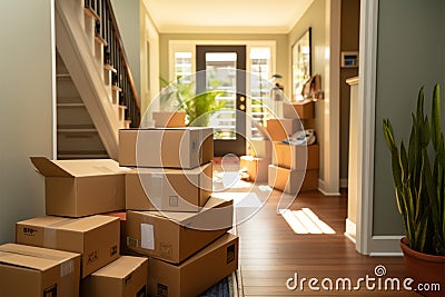Close up of packed moving boxes in a residential hallway Stock Photo