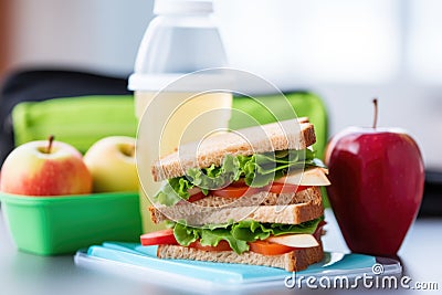 close-up of packed school lunch with an apple, sandwich, and juice box Stock Photo