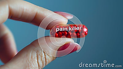 Close-up of a painkiller capsule held between fingers. Stock Photo