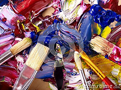 Close up of paint mixed on palette. Stock Photo