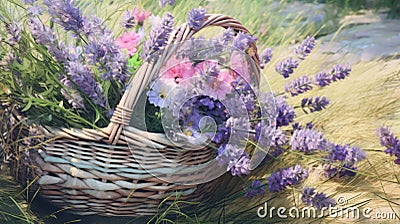 close-up painting bunch lavender flowers with wicker basket,generated with AI. Stock Photo